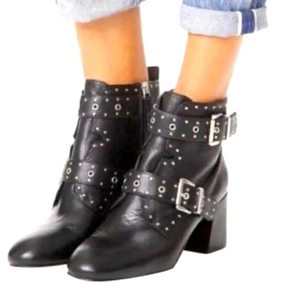 Rebecca Minkoff Logan Studded Buckle Booties Black Lamba - Picture 2 of 10